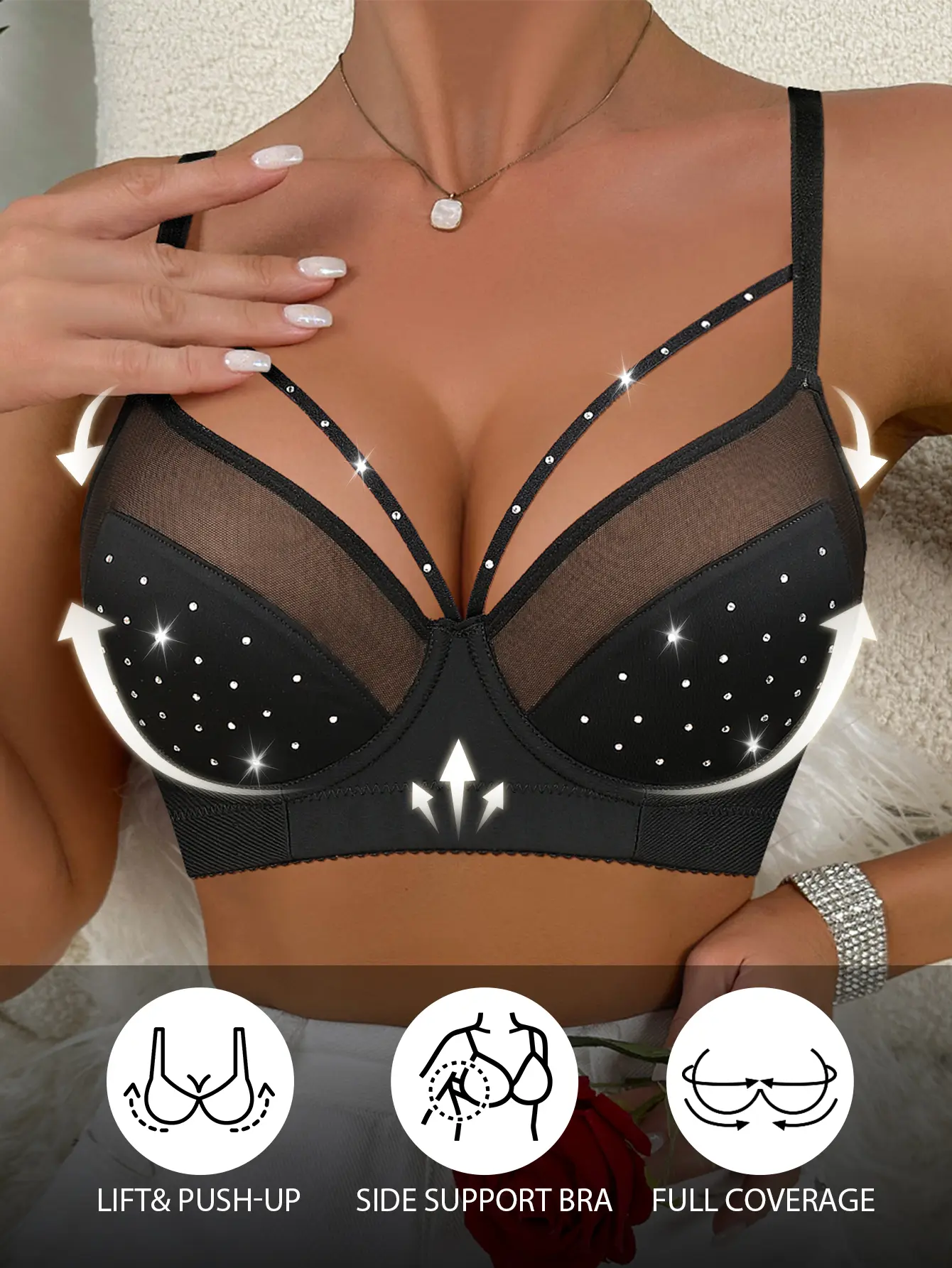 Women's Sheer Mesh Rhinestone Underwire Push Up Lift Bra, Full Coverage, Anti-Slip Anti-Sag, Adjustable Straps, Side Support, Comfortable Elegant Sexy, Summer Date Outfits, SummerWins, DealsForYouDays