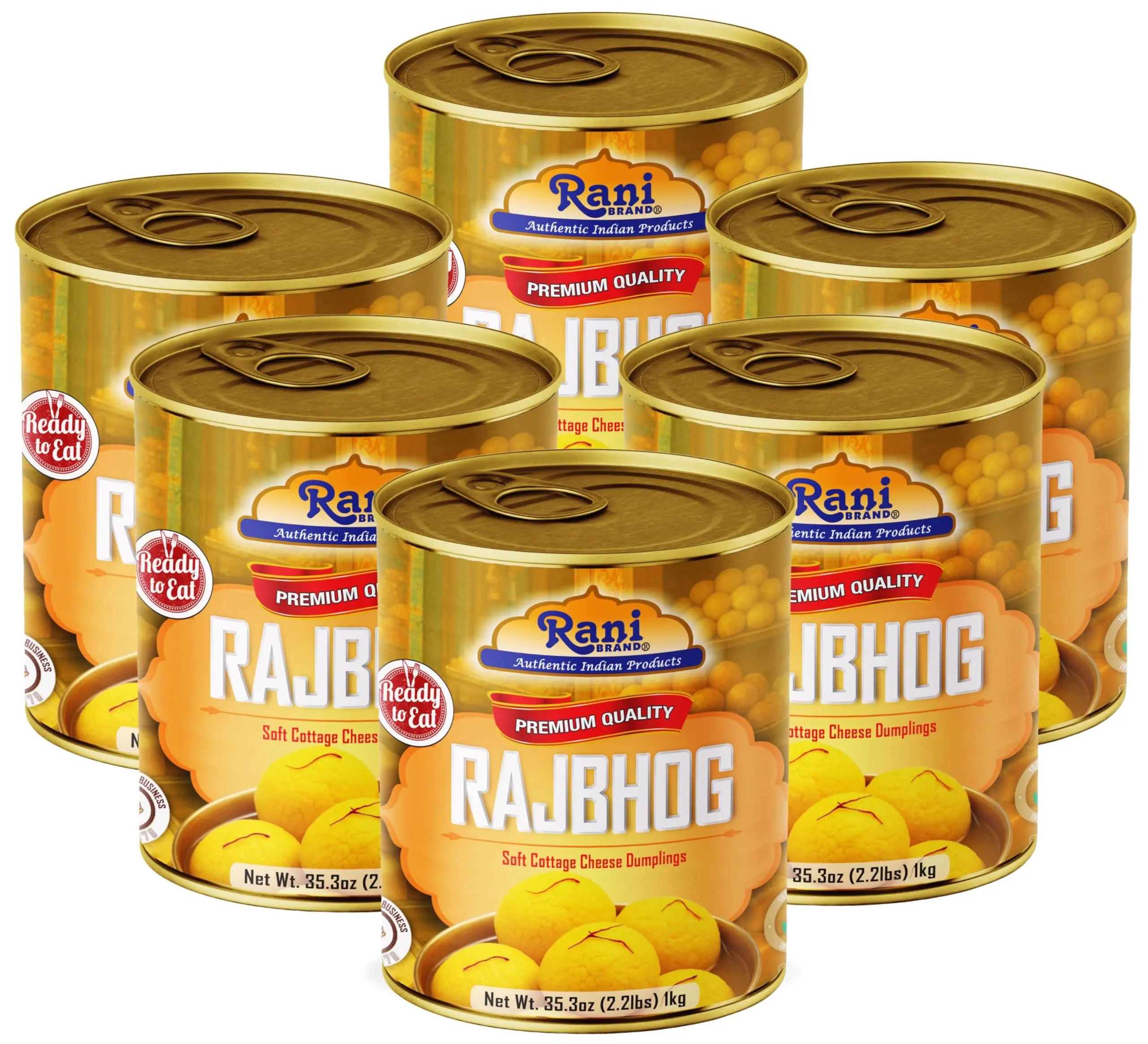 Rani Rajbhog (Soft Cottage Cheese Dumplings) 35.3oz (2.2lbs) 1kg, Pack of 6, Approximately 14 pieces, Easy Open Lid ~ Ready to eat | All Natural | Gluten Free | Non-GMO | Kosher | Indian Origin