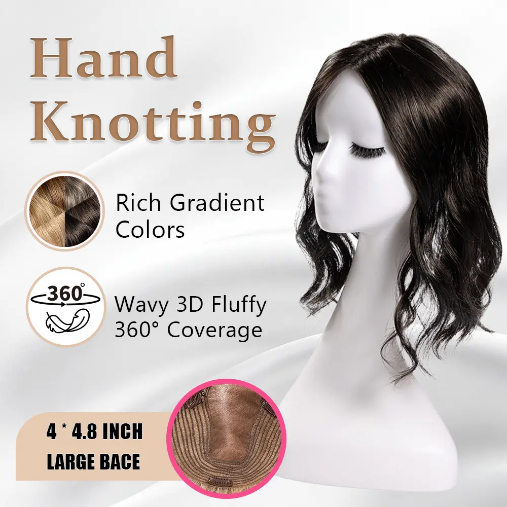 EC 14In Wavy Hair Toppers for Women | 6''x6.5'' Ladies Wavy Hair Toppers with 3 Anti-Slip Clips | Hand-Knotting Breathable Lace Base for Thinning Hair | Glueless Grey Coverage & Instant Volume Realistic Hairpiece for Casual, Work, Classy Daily Wear