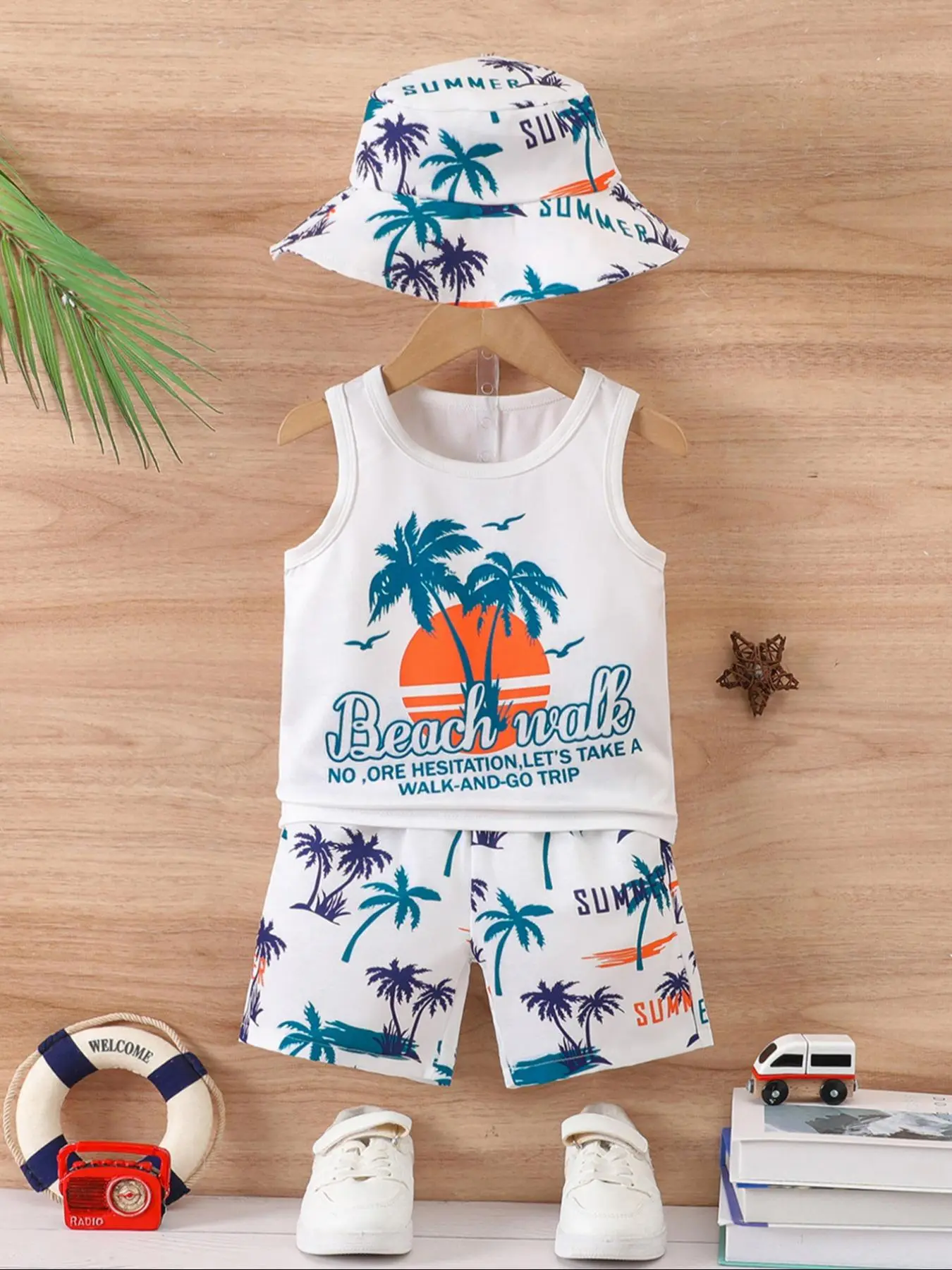 Three-Piece Set Toddler Boy's Palm Tree Print Tank Top & Shorts & Hat Set, Casual Letter Graphic Sleeveless Top & Shorts & Sun Hat, Kids Summer Outfits, Clothes, Clothing
