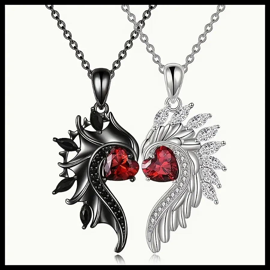 Couples Gothic Feather Wing Pendant Necklace Set, 2-Piece Unisex Black-Silver Alloy Chain with Matching Red Double Heart, Valentine's Day Gift Occasion Costume Jewelry, Couples Necklace, Double Heart Necklace