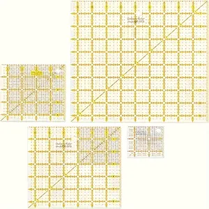 4 pieces of acrylic quilting rulers, 2.5, 4.5, 6.5, and 9.5 inches square rulers, patch rulers, inch square quilting rulers, clearly marked with quilting and sewing processes, and sewing