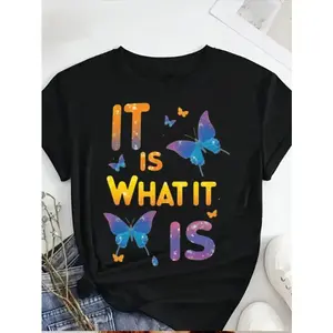 [100% Cotton] Plus Size Women'S   T-Shirt - Colorful Butterfly Graphic & "It Is What It Is" Inspirational Quote, Casual Short Sleeve Round Neck Top For Spring Summer Fall, Mother'S Day Juneteenth Gift, Ladies T Shirts Golf Gift T-Shirt For Men And Women