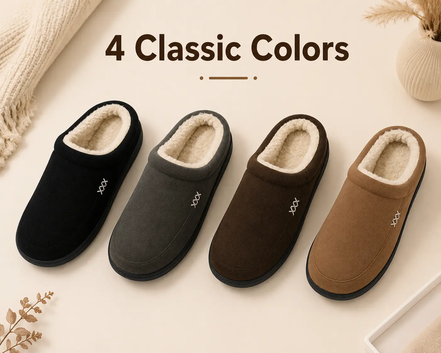 Men's Minimalist Black Thick-Lined Anti-Slip Ankle Home Slippers - 1-Step Easy Wear Winter Round Toe Slide Shoes with Braid & Patchwork Decorative Accents Footwear