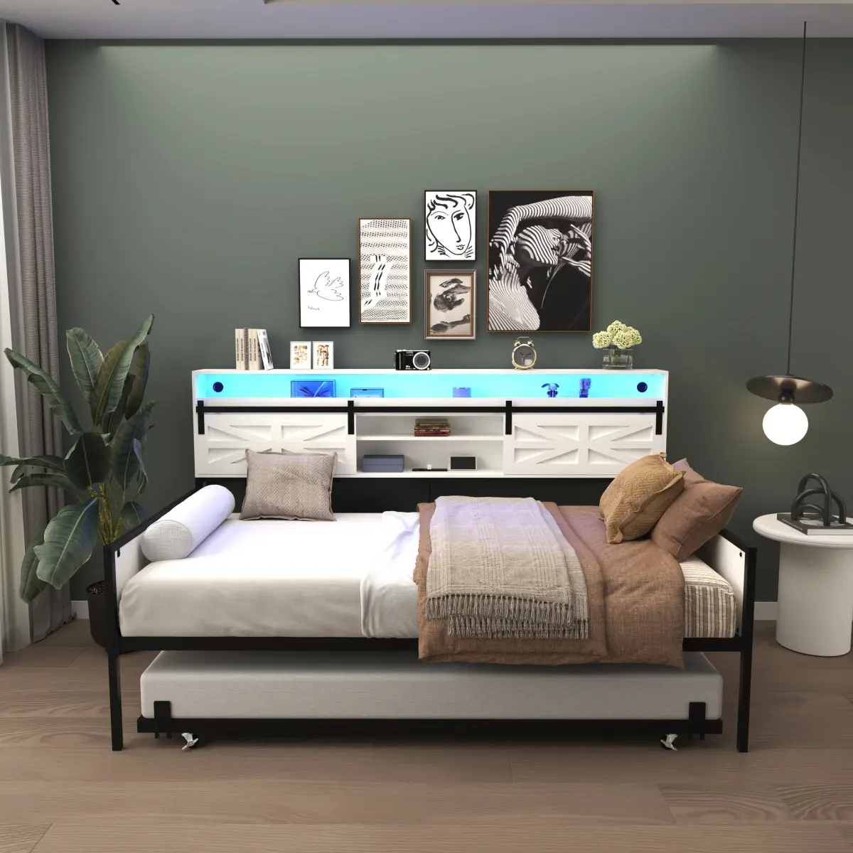 [Bellemave]Twin Daybed with Trundle, Farmhouse Daybed Frame with Sliding Barn Door Headboard and Charging Station & LED Light for Bedroom and Guest Room, White
