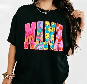 Color Block ‘MAMA’ Graphic Tee - Each Letter a Unique Print: Flames, Camo, Smiley & Dots in Black & White,Personalized short-sleeved T-shirt for casual daily wear. Simple style. Ideal for home and leisure.
