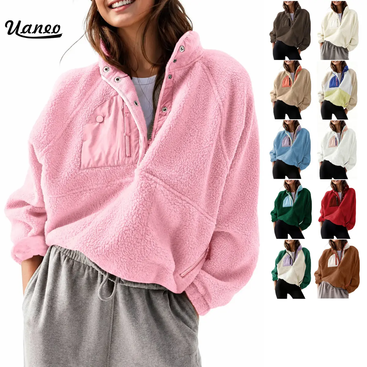 UANEO Women's Cropped Fleece Pullover Jacket Fuzzy Sherpa Sweatshirt Coat with Pockets Casual Long Sleeve Fall Winter Outerwear