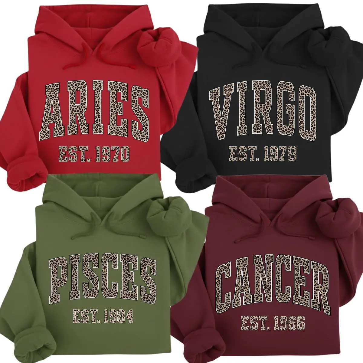 (LEAVE A NOTE OR DM SHOP)  Full 12 Zodiac Leopard Print Hoodie – Minimalist Astrology Sign Pullover with Optional EST Birth Year - AG