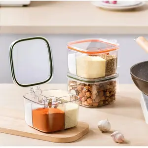 4-Compartment Airtight Spice Organizer| Food-Grade, Dedicated Scoop Slot & One-Hand Open| Anti-Spill Kitchen Storage for Salt, Pepper & Spices (Stackable) Lid Seasoning Transparent Utensils Tin Canister storage Containers Jar Green