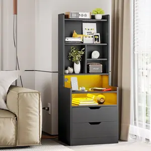 SIKAIC Black LED Tall Bedroom Bedside Table, Nightstand with Bookshelf and Charging Station for Bedroom Decor