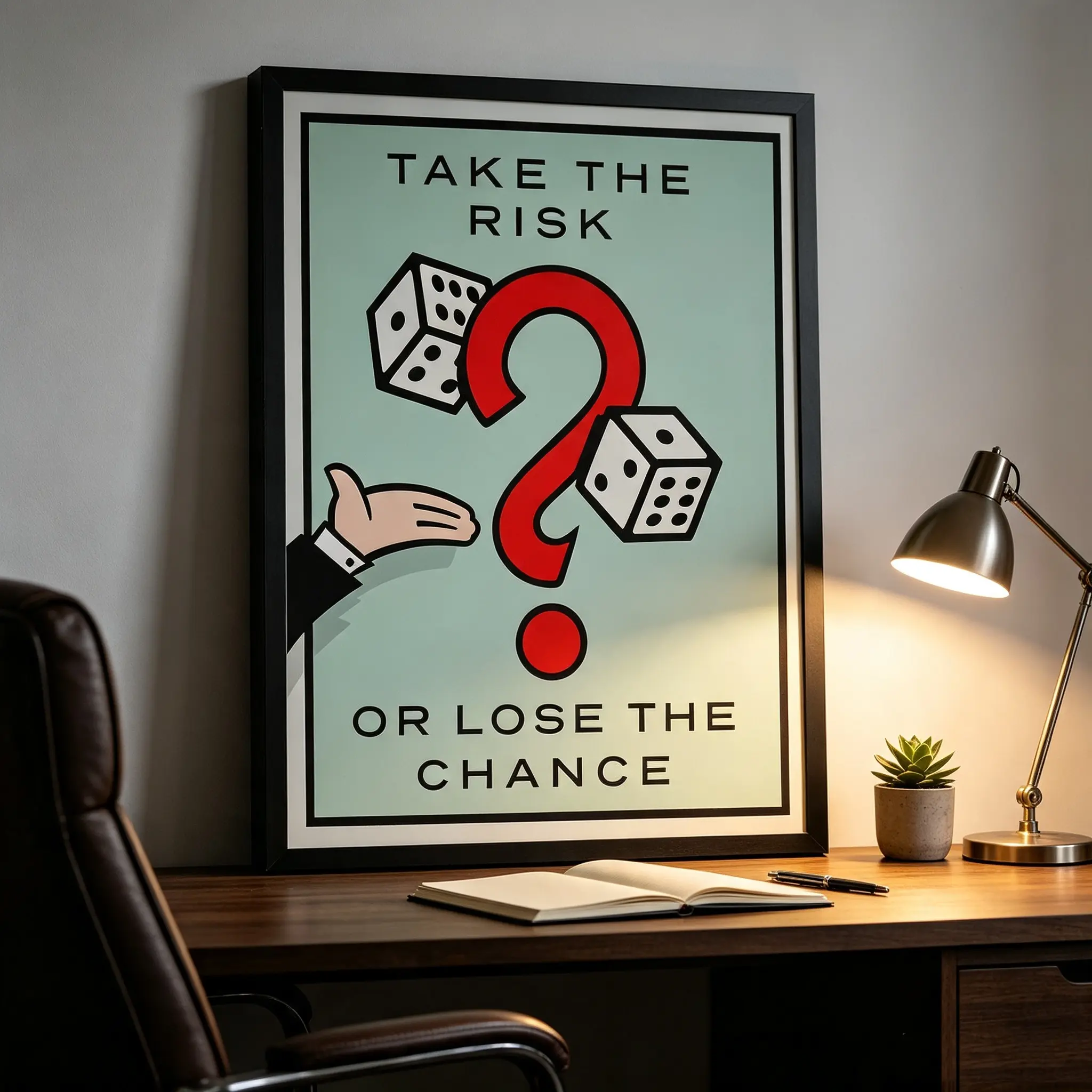 Retro Monopoly Risk Quote Canvas Poster, Dice Question Mark Motivational Wall Art, Vintage Pop Art Print for Office & Bedroom, Unique Gift for Hustlers