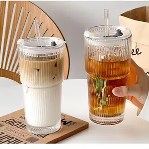 2pcs 20oz Glass iced coffee cup, glass cups with straws and LIDS, covered iced coffee cups, beverage glass cups, office, home and striped glass cups, glass coffee cups, iced coffee cups, beverage cups