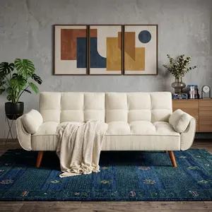 Modern Tufted Convertible Loveseat Sofa, Linen Upholstered Sofa Bed with Adjustable Backrest, Solid Wood Legs Heavy Duty 600lbs Capacity, 2 Seater Upholstered Couch, Multifunctional Folding Sofa for Living Room Apartment Small Space, Beige