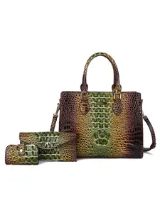 3pcs Gradient Crocodile Embossed Handbag Set for Women,  Tote Bag + Crossbody Purse + Card Holder, Glossy Top-Handle Satchel for Work & Daily