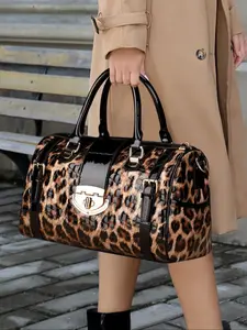A brown women's handbag with a glossy leopard print pattern and a shoulder strap, large capacity, very fashionable and elegant Leather Handbag Leather Satchel Purse