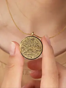 Unisex Stainless Steel Necklace with Arabic Engraving, Round Pendant Chain Jewelry for Men & Women, Casual Daily Accessory Gift