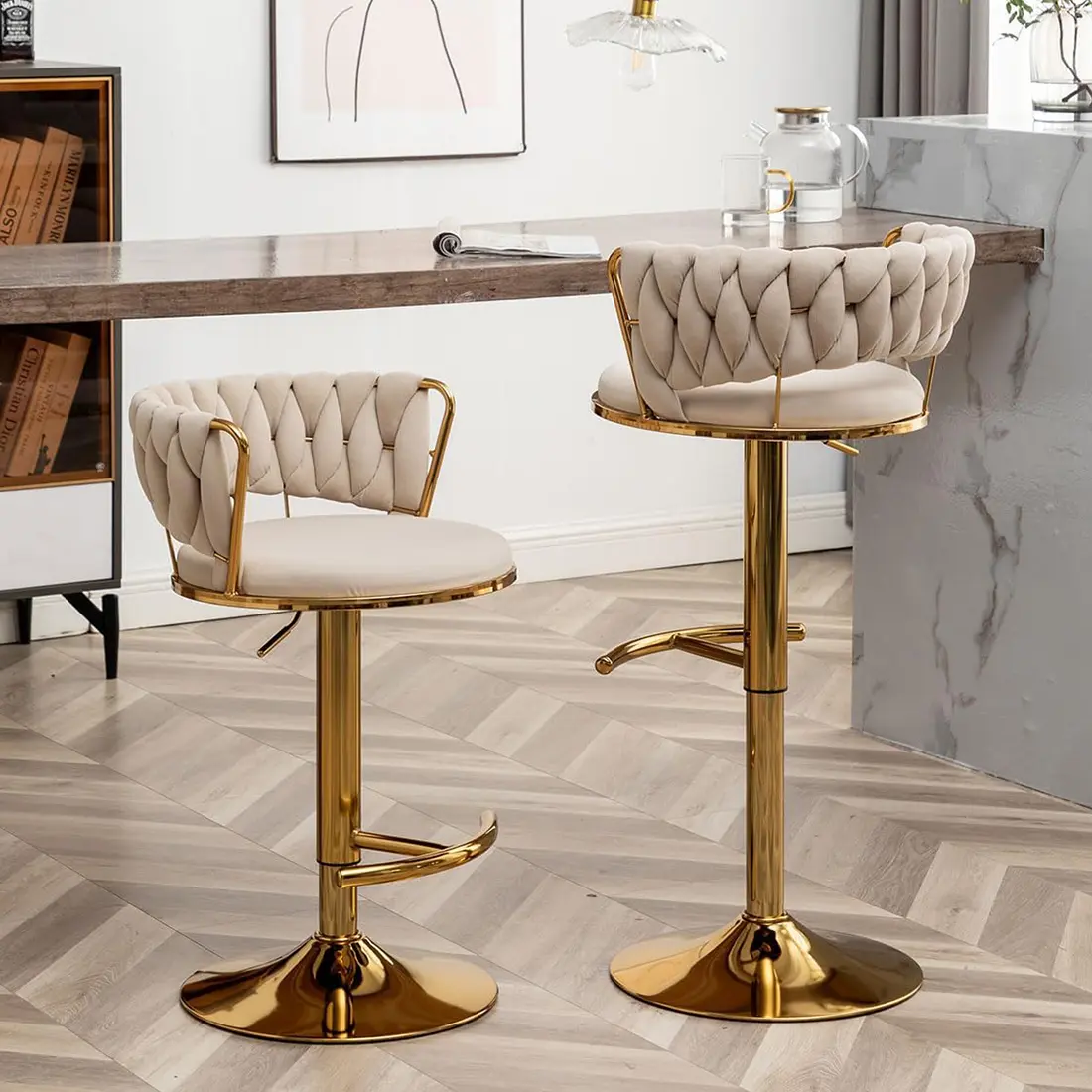 Velvet Metal Bar Stools Set of 2, Adjustable Counter-Height Low-Back 360° Swivel Gold Seats for Kitchen Island, Pub, Metal Barstools