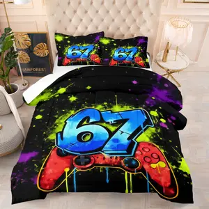 67 Arcade Graffiti Design Pattern Comforter Set, Complete Set, Soft And Durable Bedding Set, Including 1 Comforter And 1 Or 2 Pillowcases, Suitable For Children And Adults Daily Holiday Birthday Gifts Bedroom Decorations