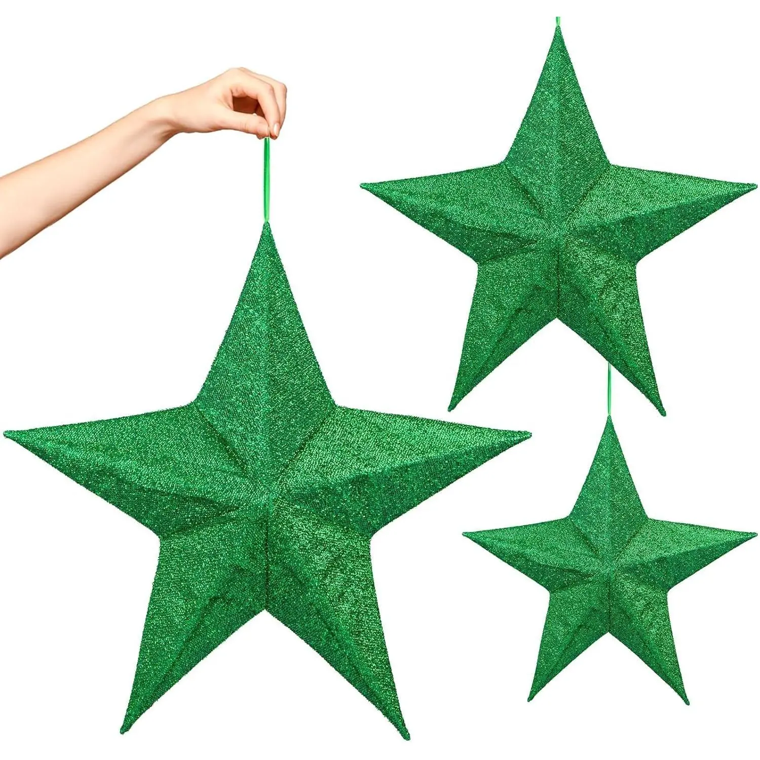 Christmas Large Hanging Ornaments, 3Pcs Star Ornaments for Indoor Outdoor Yard Hanging Ornaments Holiday Fabric Covered Hanging Decorations for Xmas Tree Porch Yard Decor Green