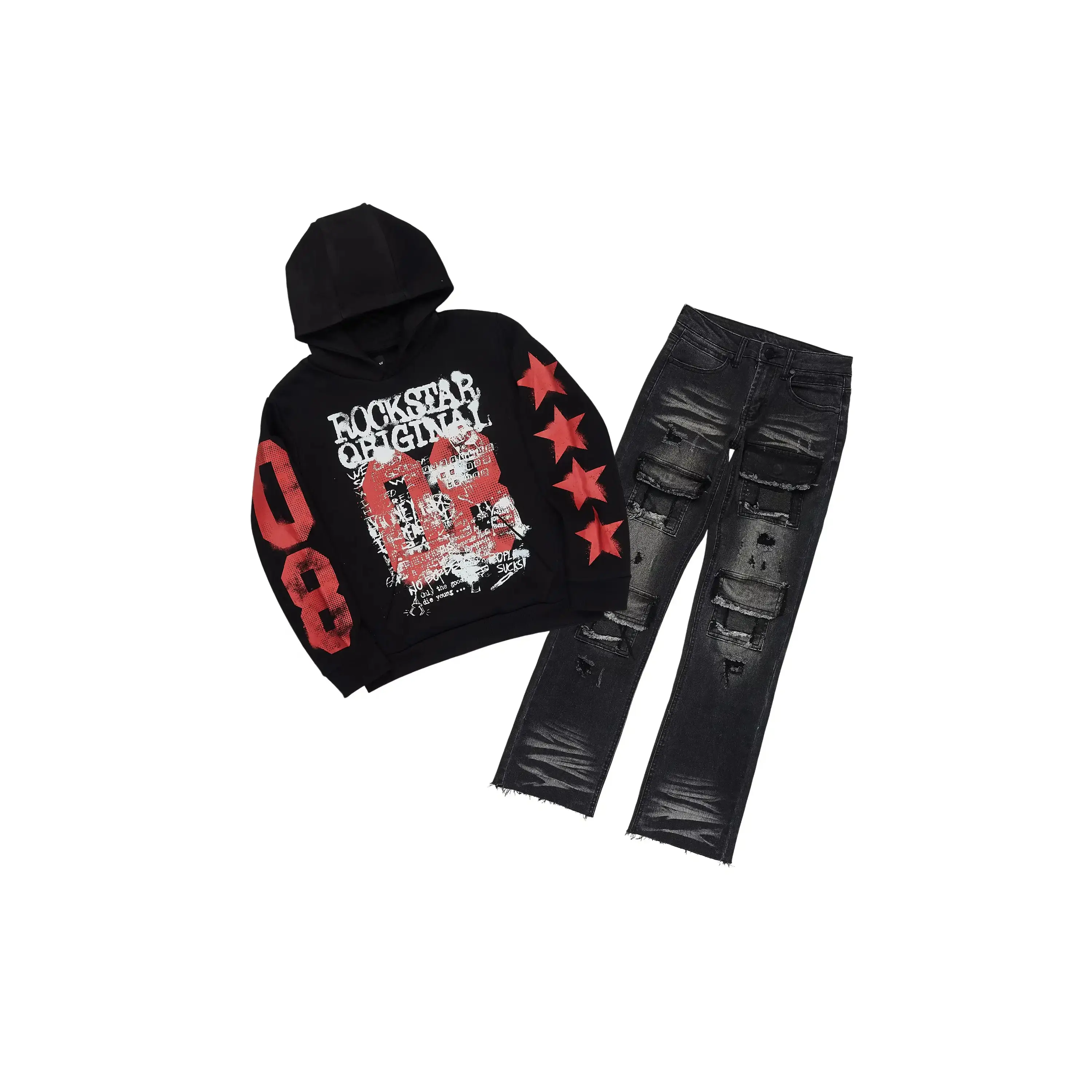 Boys Rhett Black Hoodie/Stacked Jean Set
