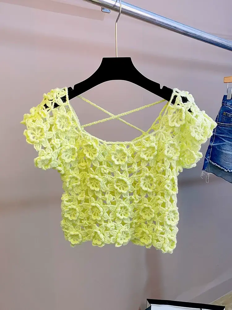 MIAO Women's Handknitted Sweater Short Sleeve Handmade Outfits  Sexy Handmade Green Hollow Design Crochet  Cozy Fashion  Knitwear Knitting Tops Short Sleeve Handmade Crochet 3D Rose Cross Back Knit Top