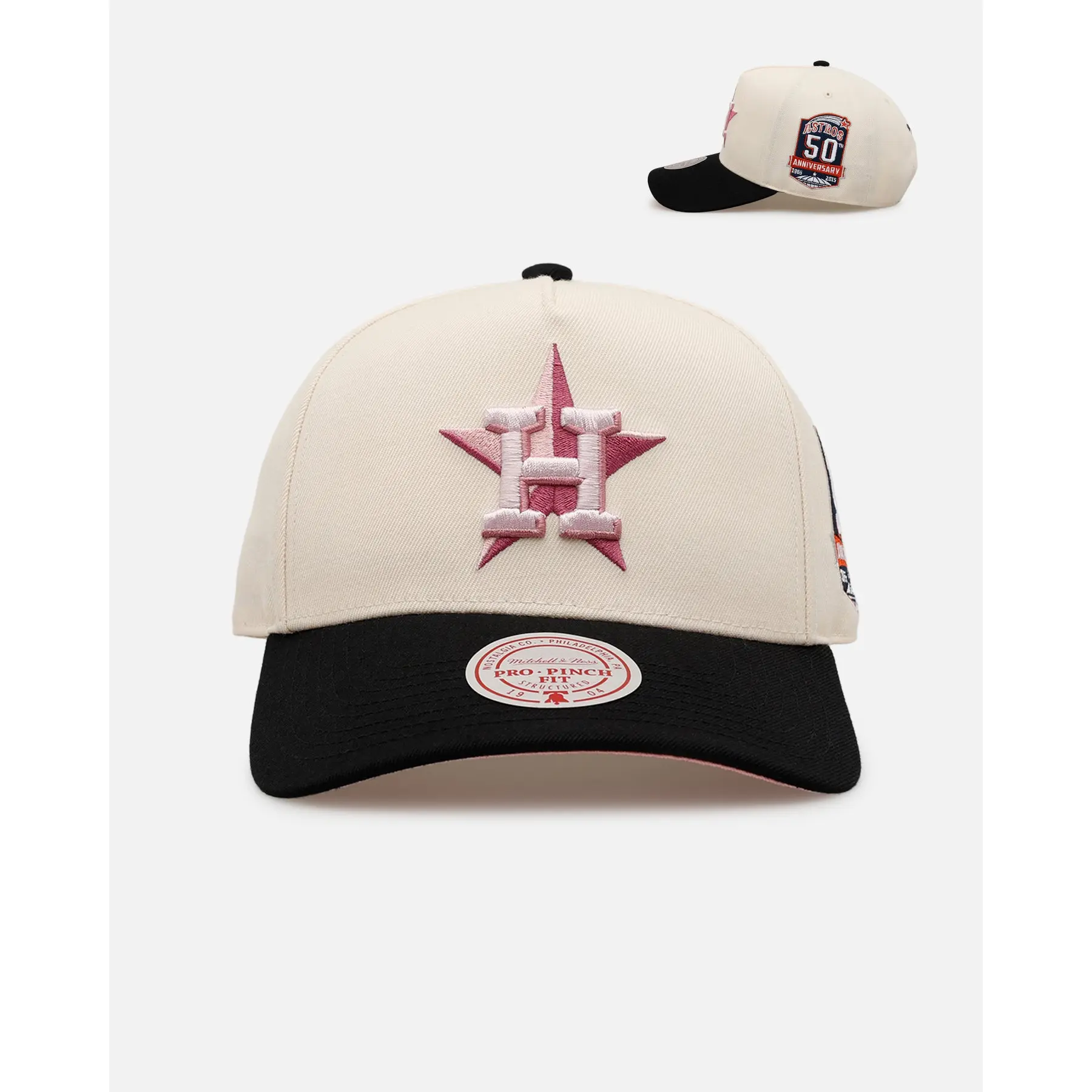 Mitchell & Ness Houston Astros 'Pink Team Logo' Pro Pinch Snapback Off White