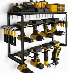 3-Tier Heavy Duty Metal Power Tool Organizer Wall Mount Storage Rack with 8 Drill Holders Hooks Rust-Resistant Efficient Garage Utility Shelf