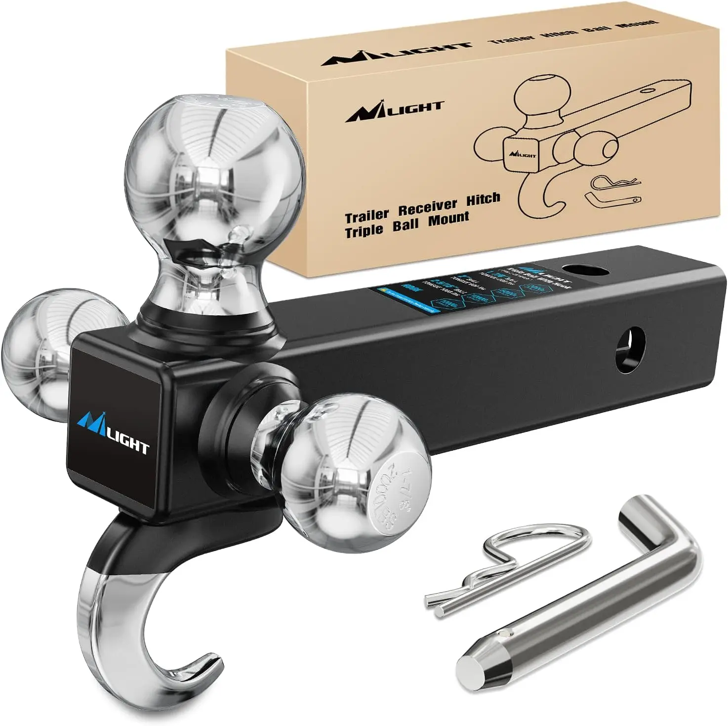 Nilight 2-Inch Hitch-Mounted Shackles Receiver Kit - 45000 LBs Breaking Strength, 3/4-Inch D-Ring Shackle, Trailer Tow Hitch Ball Mount, Pin, Universal Fit Heavy-Duty Solid Accessory for Truck Recovery, Towing Motorcycles, Campers (Triple Balls Included),