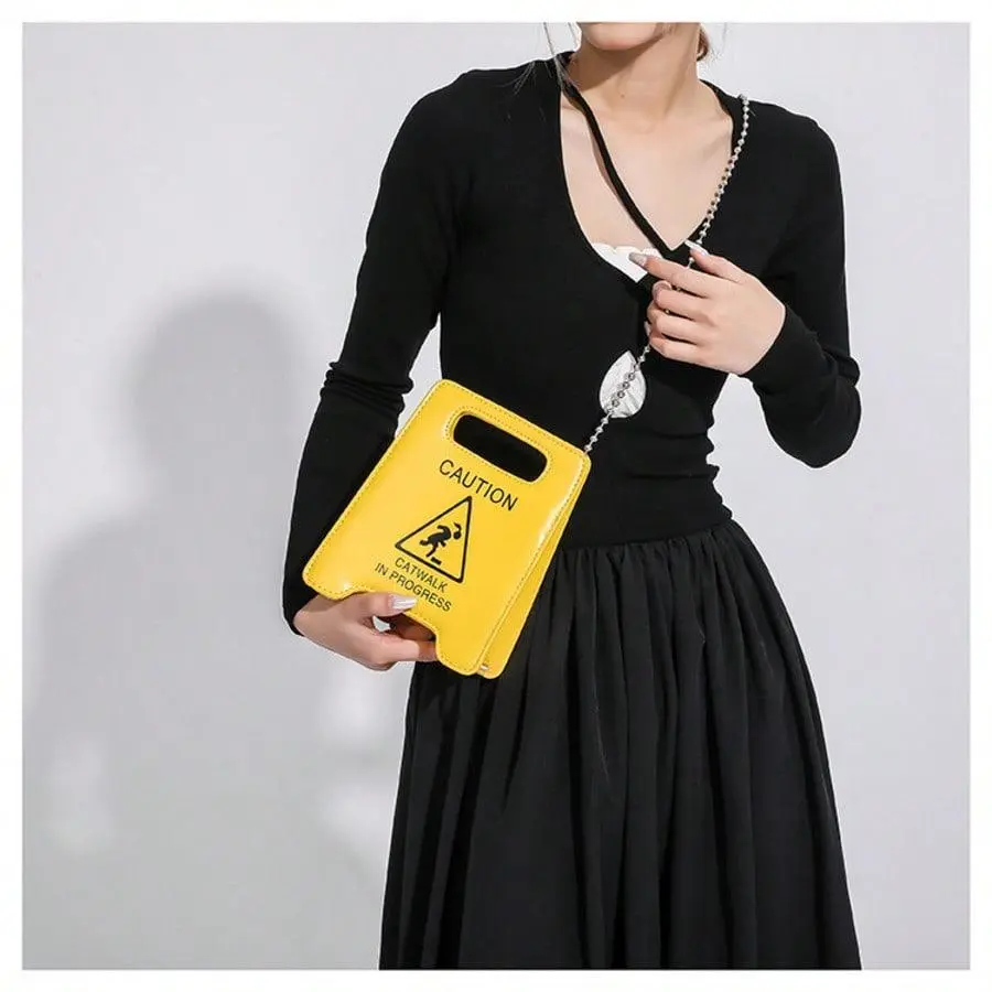 Women's PU Leather Crossbody & Shoulder Bag - Chic Elegant Novelty 3D Warning Sign Mini Chain Bag, Bright Yellow Funny Slipping Triangle Print, Hollow Double Handle, Thin Long Metal Chain, Magnetic Anti-Theft, for Casual Daily Commute & Business Parties