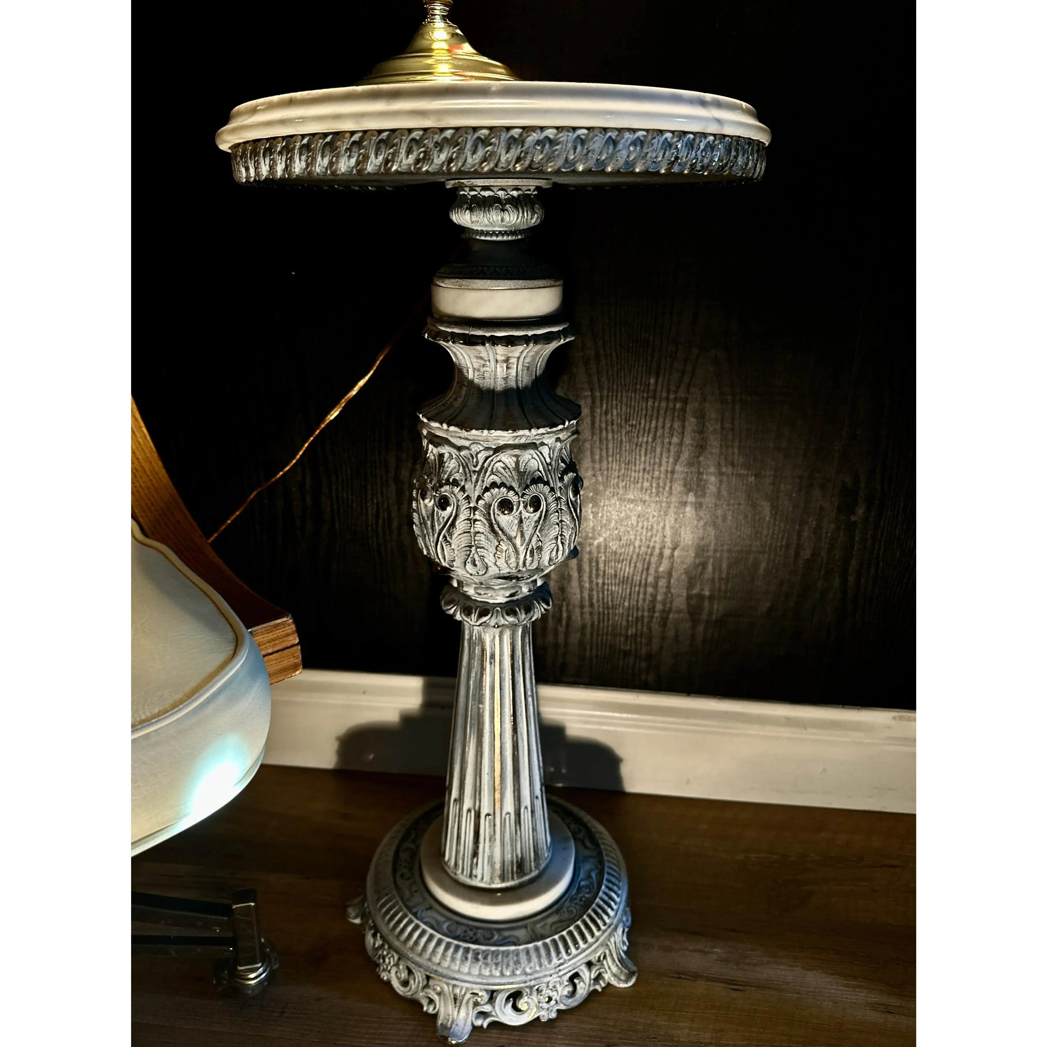 Vintage Marble Pedestal Side Table with Cast Ornate Base, c. 1940s–1950s