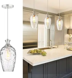 Glass Pendant Lights Kitchen Island, 1-Light Brushed Nickel Fixtures with Hand-Blown Clear Glass Modern Farmhouse Hanging Light for Kitchen Sink Dining Room Bedroom