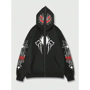 Men’s off-shoulder long-sleeve zip-up hoodie with spider and letter print, autumn/winter street casual style, with pocket — men’s top for daily wear GARMENTARY