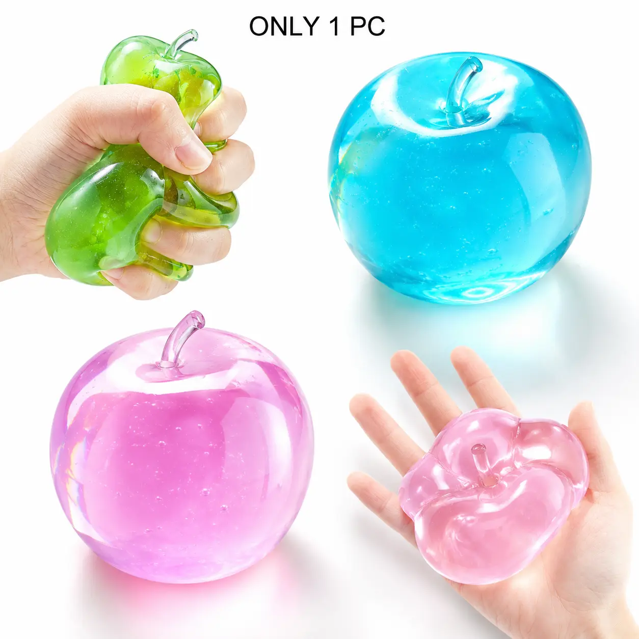 Crystal Fruit Apple Squishy Toy, Pink Green or Blue, Moldable Coconut Oil-Like Feel, Sensory Fidget Toy for Squeezing, Adults, Teens and Kids, Dorm Essentials