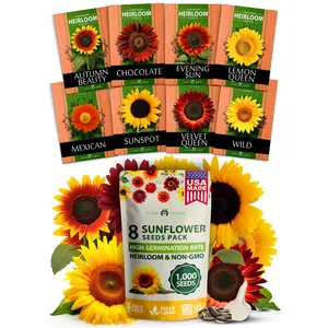 Home Grown Sunflower Seeds for Planting 8 Varieties - 1000+ Seeds Including Mexican, Sunspot, Velvet Queen, Wild, and Lemon Queen