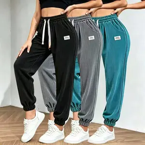 3 Count Spring Fall Womens Cozy Solid Corduroy Casual Sweatpants | Plush Soft Breathable Vertical Cord Material, Custom White Drawstring High Waist for Relaxed Loose Fit, Practical Side Storage Pockets for Essentials, Minimal Tag Decor Cuffed Jogger Silho