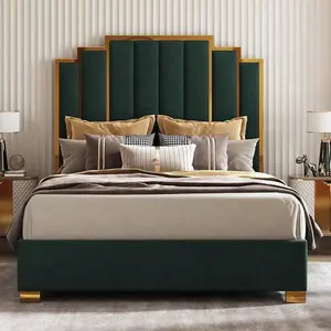 Queen/King Upholstered Velvet Bed Frame With Gold Trim Headboard, Sturdy Modern Platform Design, No Box Spring Required, Green