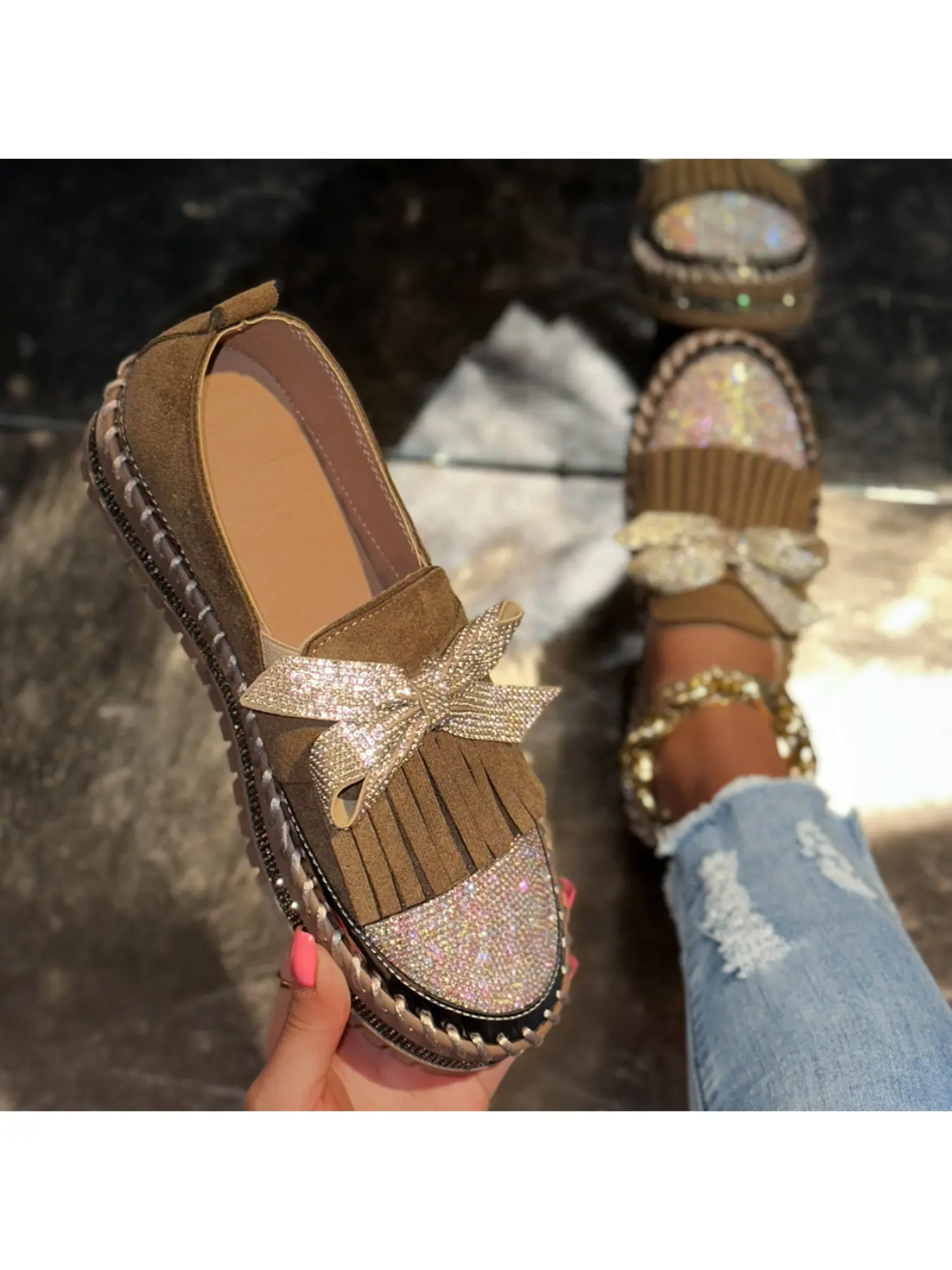 Women's Sparkly Bowknot Thick Sole Loafers One Step Tassel Flats Casual Fashion Shoes Commuting All Match Shoes