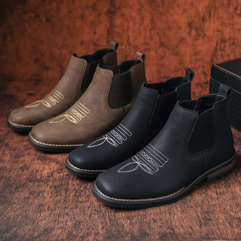 CYUW Men's Western Cowboy Boots - Square-Toe PU Leather Waterproof Slip-On Chelsea Ankle Boots, Classic Chic Casual Wear Footwear (Khaki, Black)