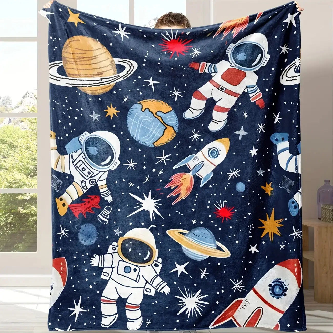 1pc Cozy Astronaut Blanket - Soft Flannel Fleece Space-Themed Bedspread with Planets & Rockets, Lightweight All-Season Throw Suitable for Bed, Sofa, Travel, Camping & Room Decor