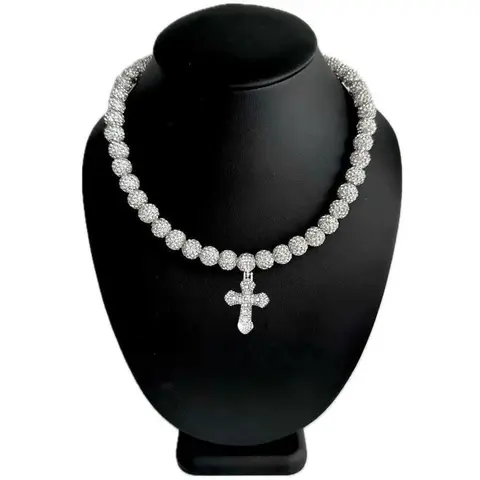Iced Disco Ball Crystal Bead Baseball Drip Necklace w/ Iced Bling Cross Pendant Neck Jewelry