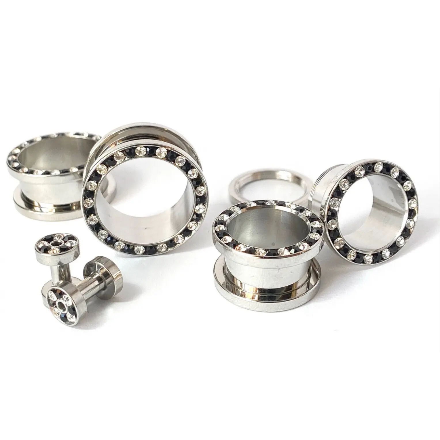 PAIR Black & Clear Gem Rimmed 316L Surgical Steel Screw Fit Tunnels Plugs Gauges