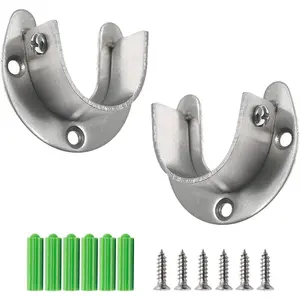 2-Pack Heavy Duty Stainless Steel U-Shaped Wardrobe Brackets Flange Rod Holder Closet Rod End Supports Fit 1-1/3" Diameter Silver