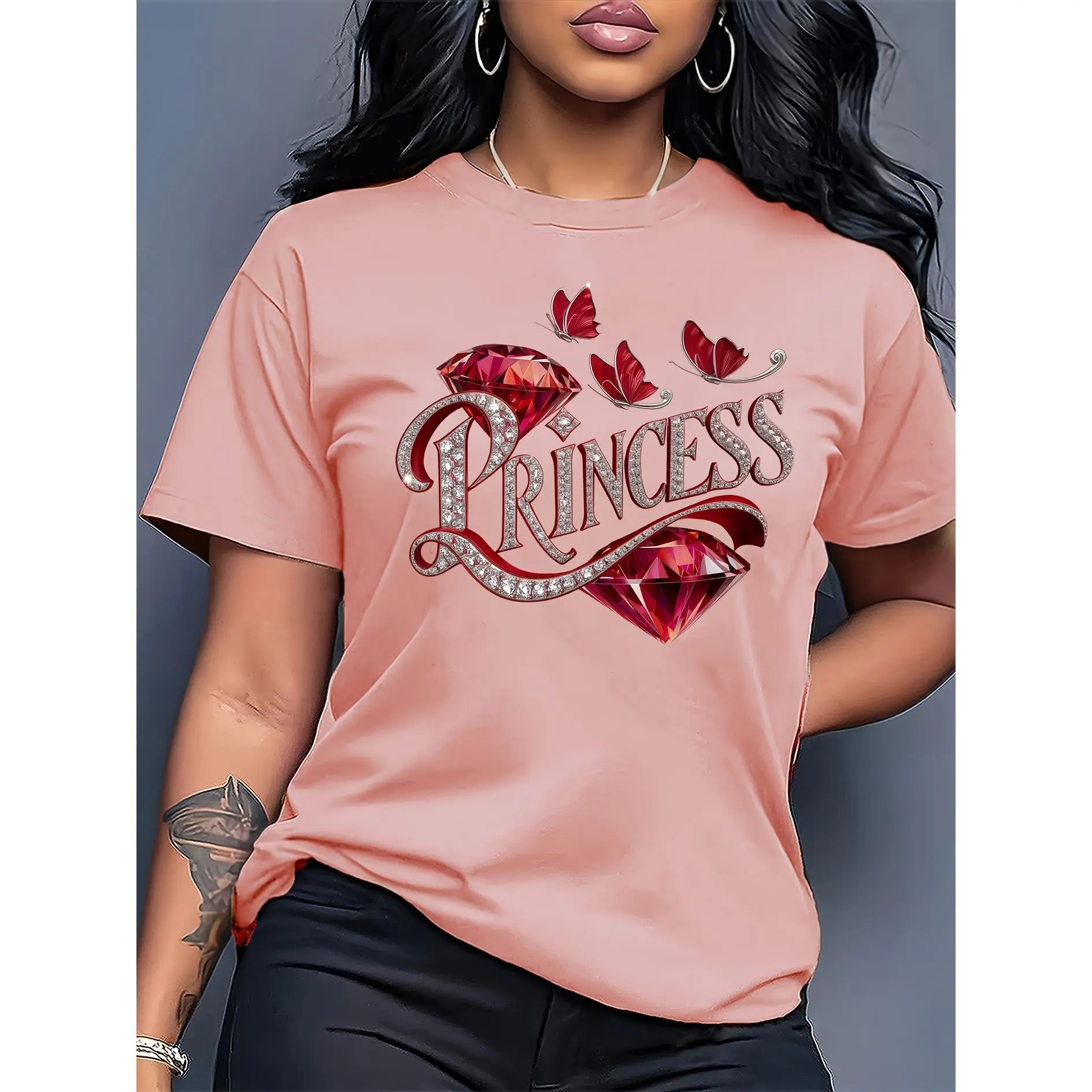 Women's Classic Fit Graphic Tshirt, Casual Shortsleeve Round Neck Tee, Soft Shirt for All Seasons Casual OOTD and Daily Wear, Soft Cotton, Asymmetric, Flat, Streetwear, Christmas, Basic Tee, Smooth, Oversized, Printed, Fabric, Comfy Casual