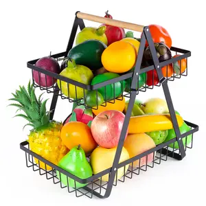 Metal Kitchen Countertop Organizer, Fruit And Vegetable Basket, 2 Tier Fruit Basket Fruit Holder For Kitchen, Large Capacity Metal Wire Fruit Stand Organizer For Snacks Bread Onion Potato