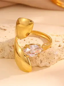 1 piece retro, exquisite, elegant, gold two-surface polished single diamond 304 stainless steel ring, suitable for daily wear by women, party accessories, and friend gifts