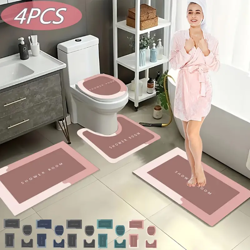 4pcs Oblong Anti-slip Rubber Bathroom Rug Set - Highly Absorbent, Quick-drying, Stain-resistant, Machine Washable Flat Weave Anti-slip Pad Bath Mats for Indoor Home Shower Room Use, Non Slip
