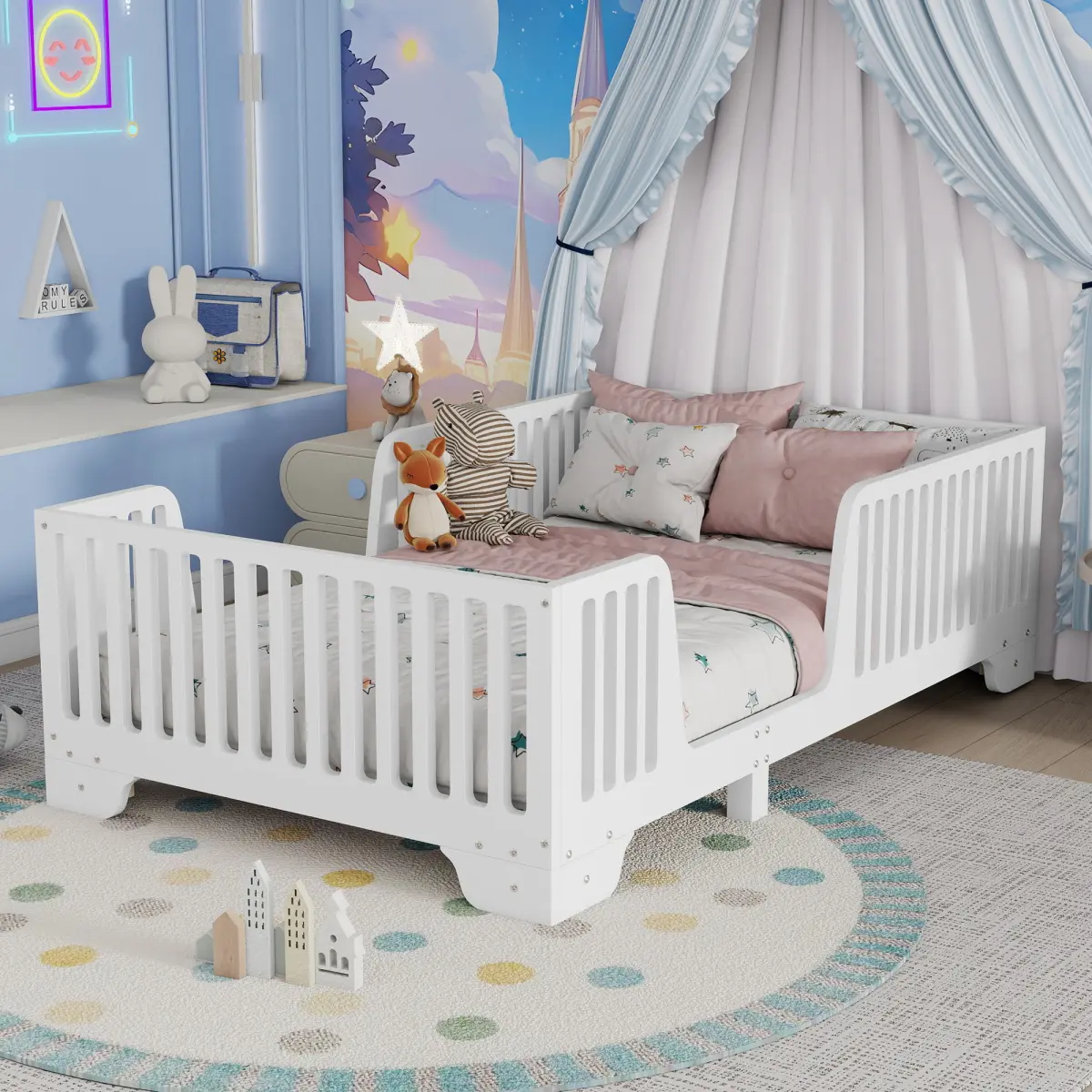 Twin/Full Size Floor Bed Frame with Slats and Fence, Door, No Box Spring Needed, for Bedroom
