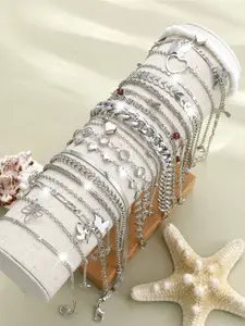 Women's Beach Vacation Style Heart Butterfly Hollow Beaded Fringe Snake Chain Metal Design Foot Jewelry Set, Fashion Accessory for Parties & Gifts