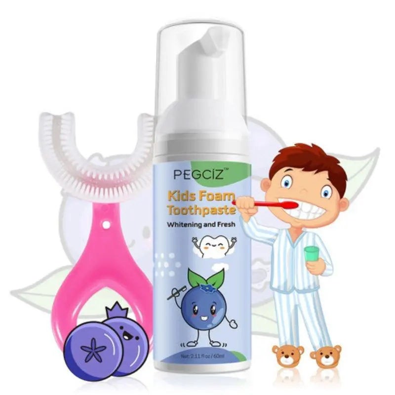 PEGCIZ Kids' Tooth Cleaning Mousse with Toothbrush Foaming mousse Toothpaste Cleaner Antibacterial cleans teeth for children ages 3-6-8-12 and up Removes yellow stains, cleans plaque, fights bacteria Freshens breath, whitens teeth