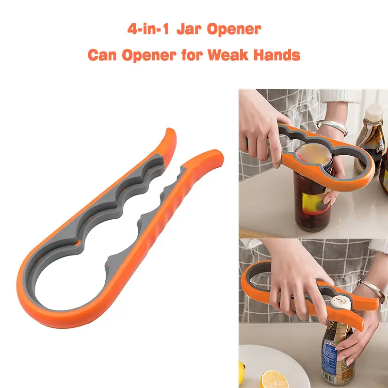 Durable 4-in-1 Plastic Jar Opener - Bottle Opener with Non-Slip Grip, 17in Long Reach, 4 Openings, Manual Cap Remover for Jars/Bottles, Home Kitchen Supply & Birthday Party Gift Option, Bottle Openers, Multipurpose Lid Opener